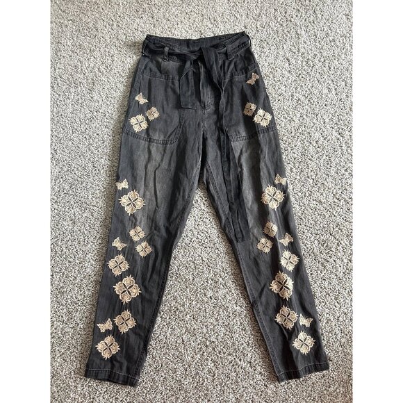 Johnny Was Women Sz Small Embroidered Floral Cotton Jade Black Pants Tie Waist - Picture 11 of 12